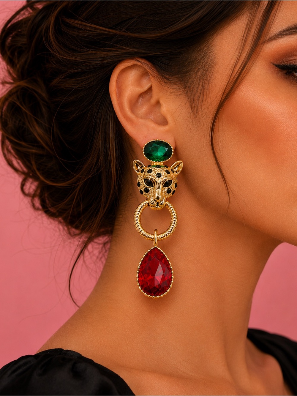 Panthere Ruby Red Emerald Gold Earrings